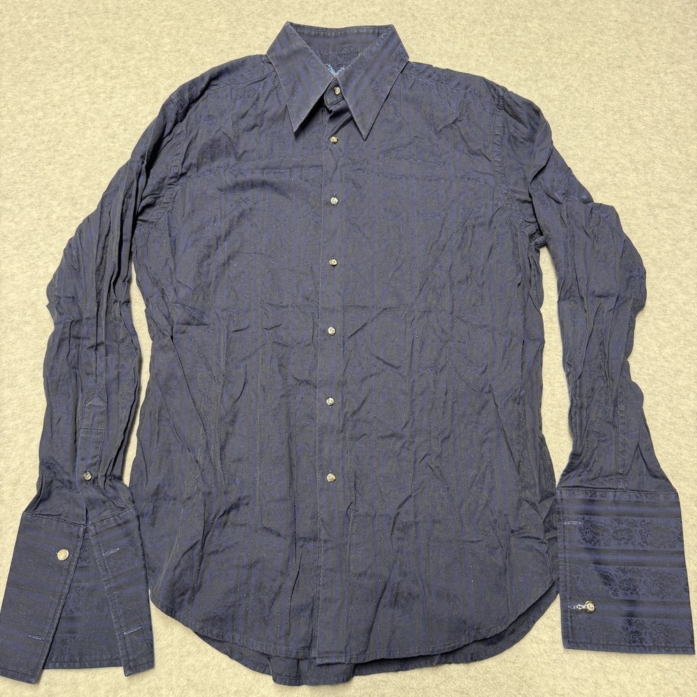 Robert Graham Shirt Mens Large Blue Stripe Textured Cotton Long Sleeve Button Up